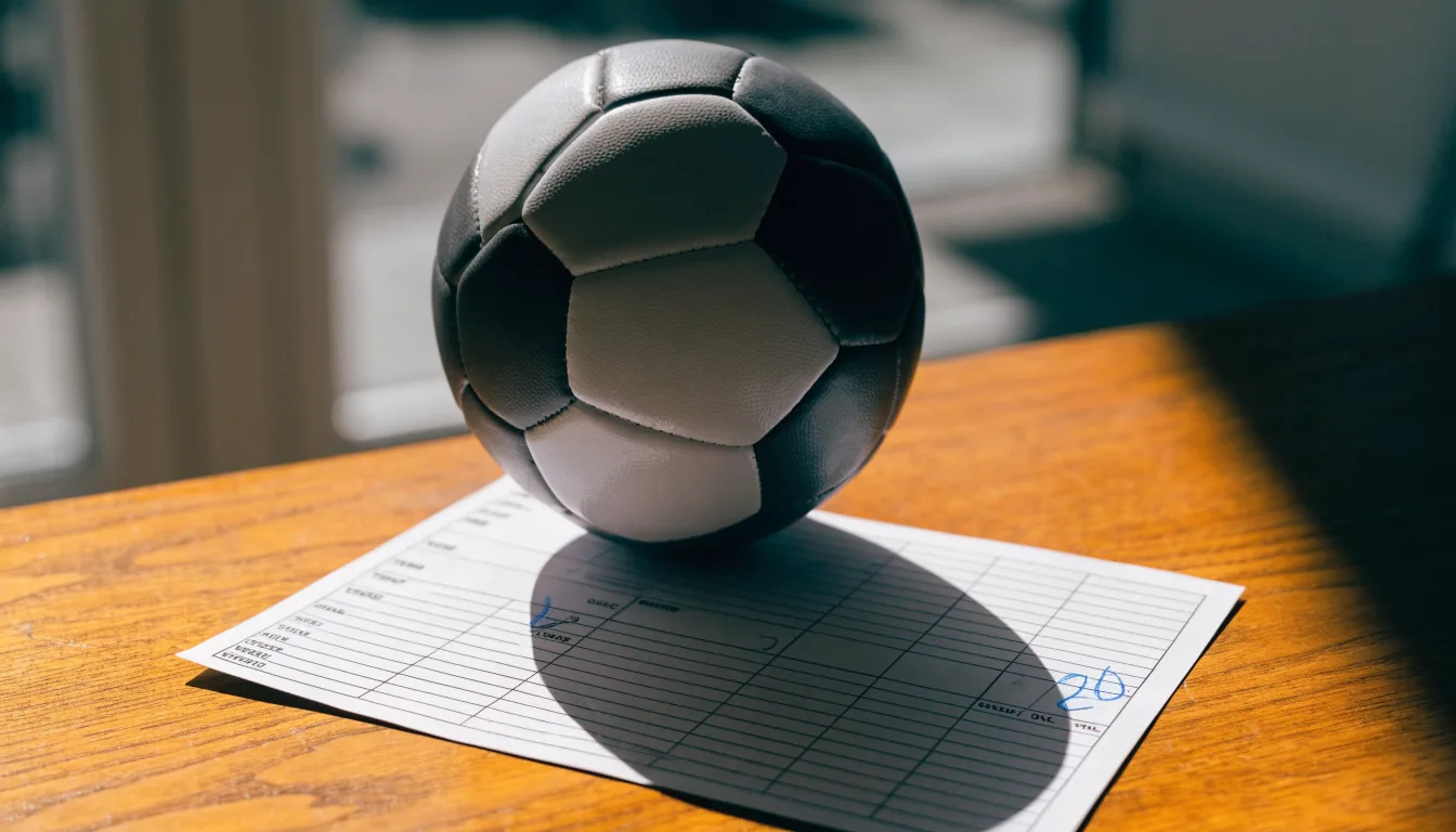 Uma bola de futebol pousada sobre um talão de apostas em branco numa mesa de madeira, à luz do dia