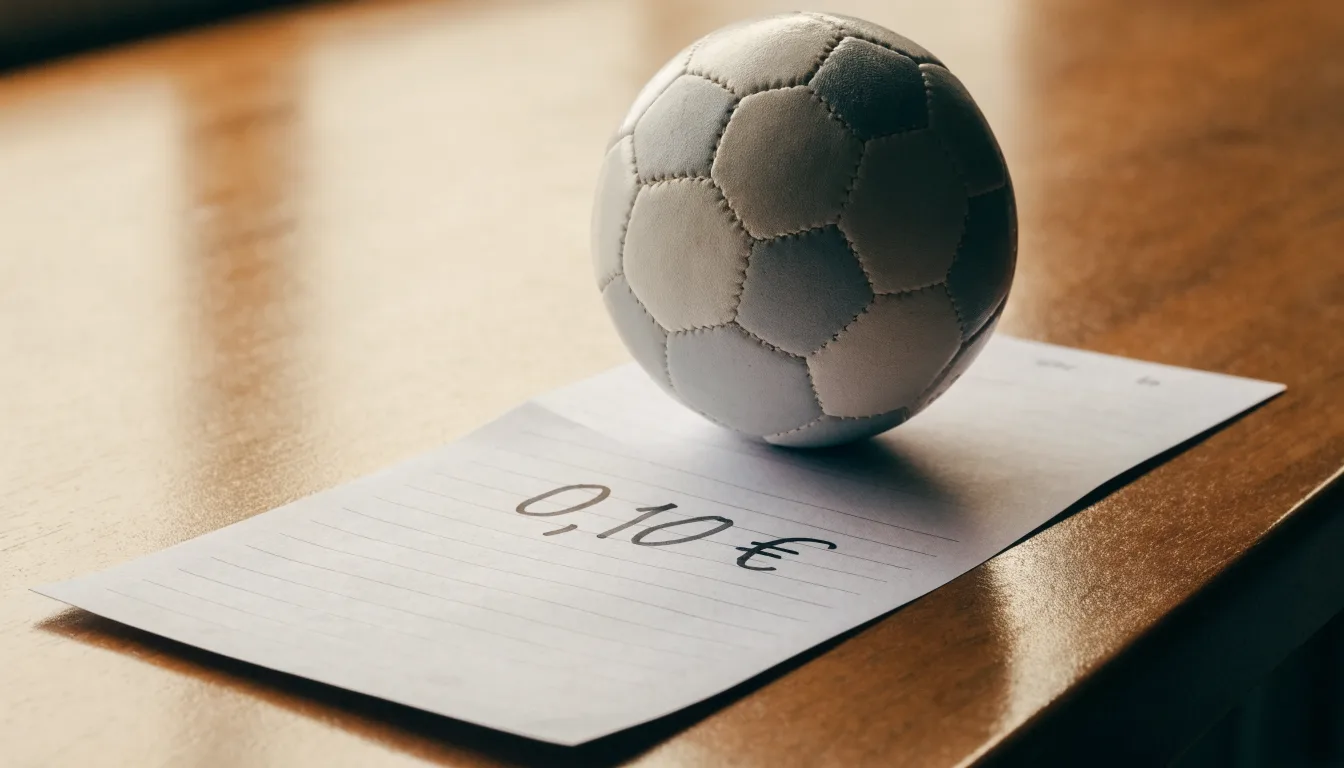 Uma bola de futebol pousada sobre um talão de apostas em branco numa mesa de madeira, à luz do dia