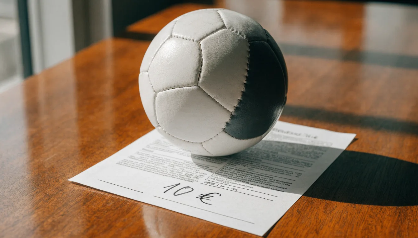 Uma bola de futebol pousada sobre um talão de apostas em branco numa mesa de madeira, à luz do dia