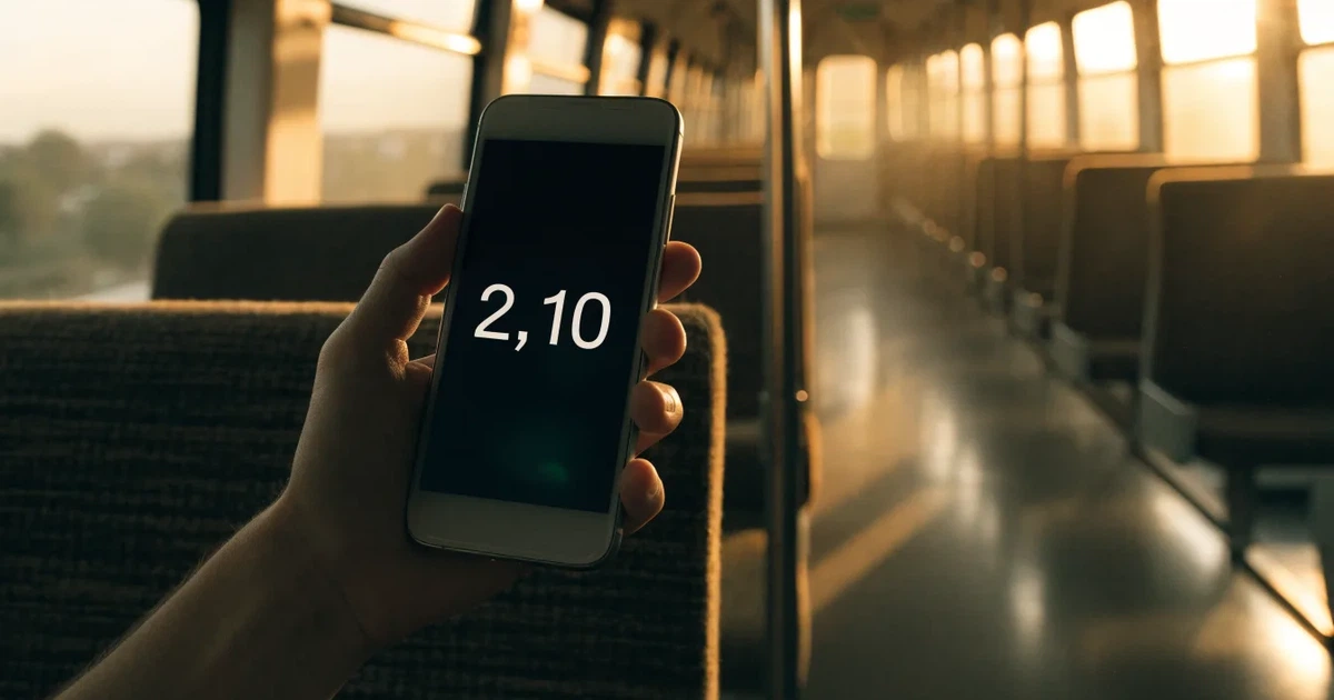 Uma mão a segurar um telemóvel com uma aposta no ecrã, num comboio ao fim da tarde