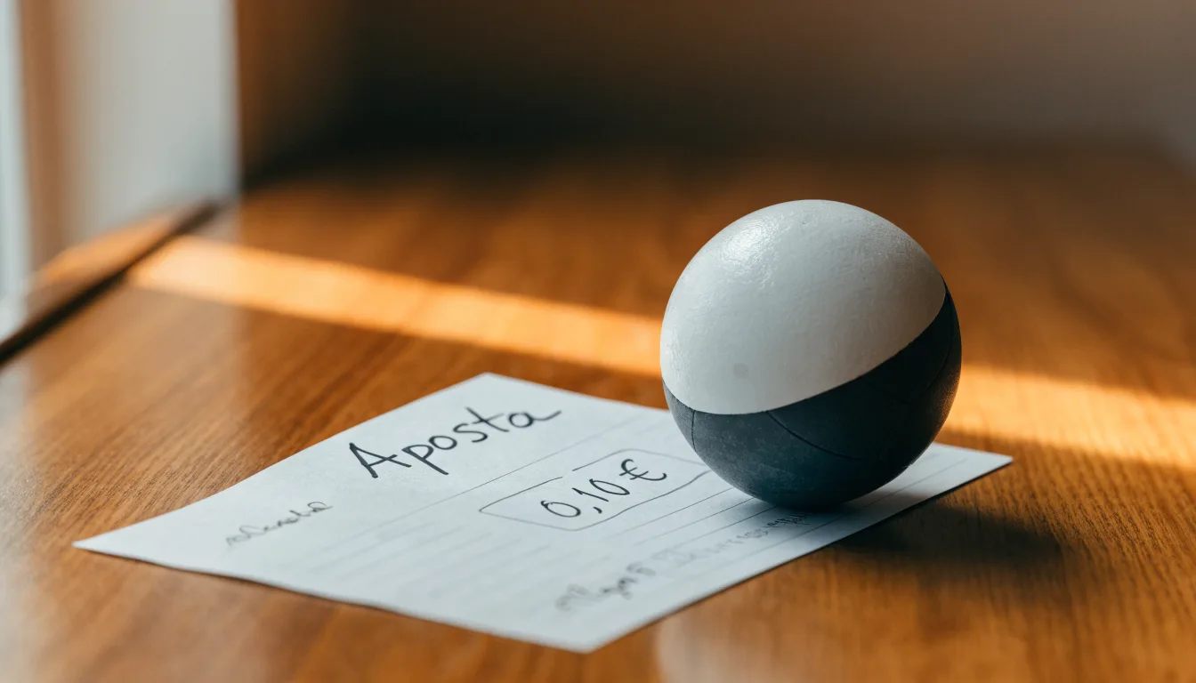 Uma bola de futebol pousada sobre um talão de apostas em branco numa mesa de madeira, à luz do dia