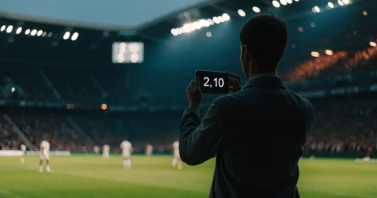 Um marcador eletrónico de um estádio com o resultado a meio da segunda parte, visto das bancadas