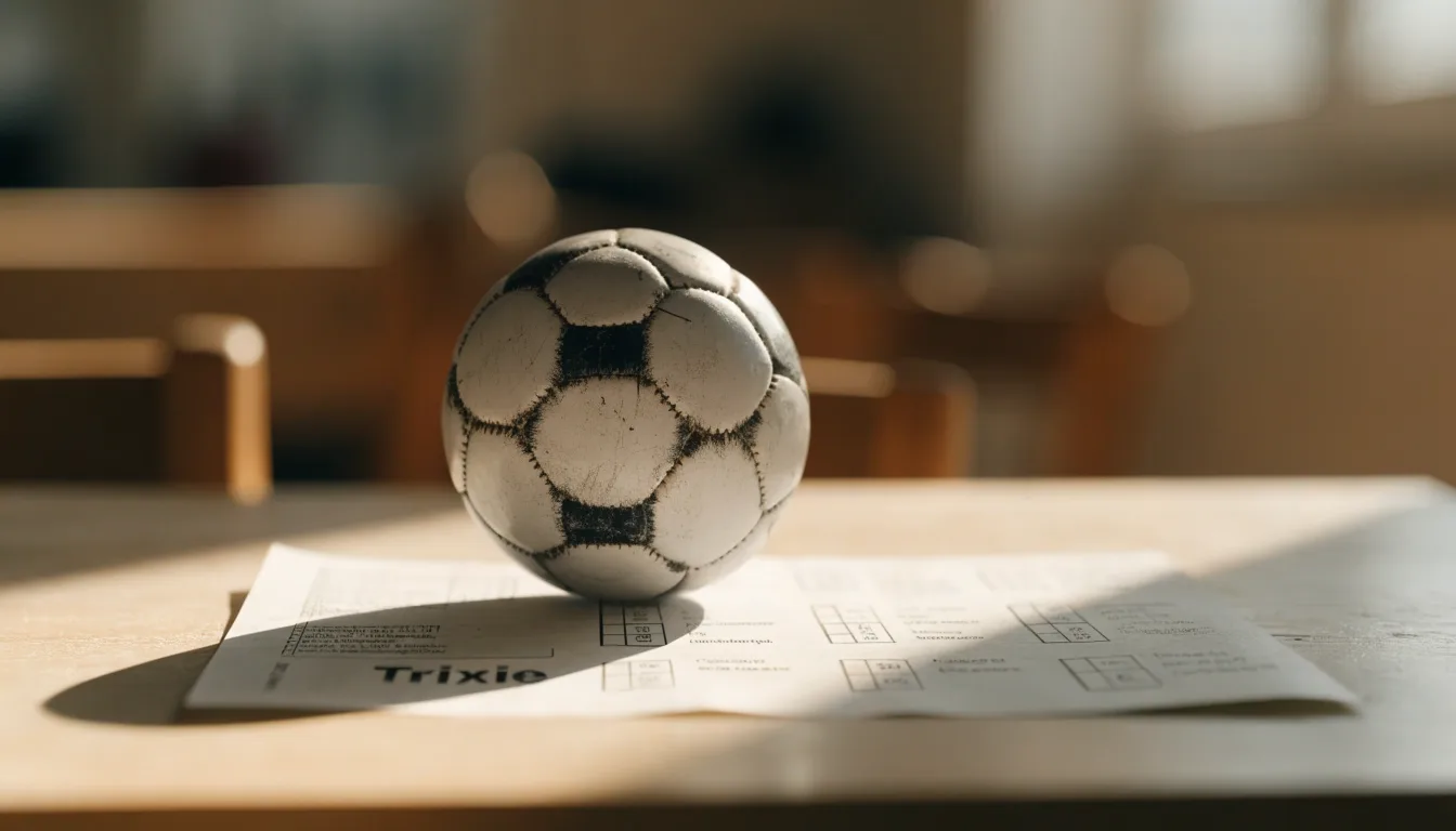Uma bola de futebol pousada sobre um talão de apostas em branco numa mesa de madeira, à luz do dia