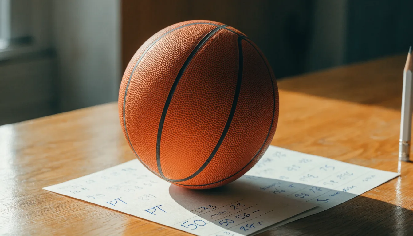 Uma bola de futebol pousada sobre um talão de apostas em branco numa mesa de madeira, à luz do dia