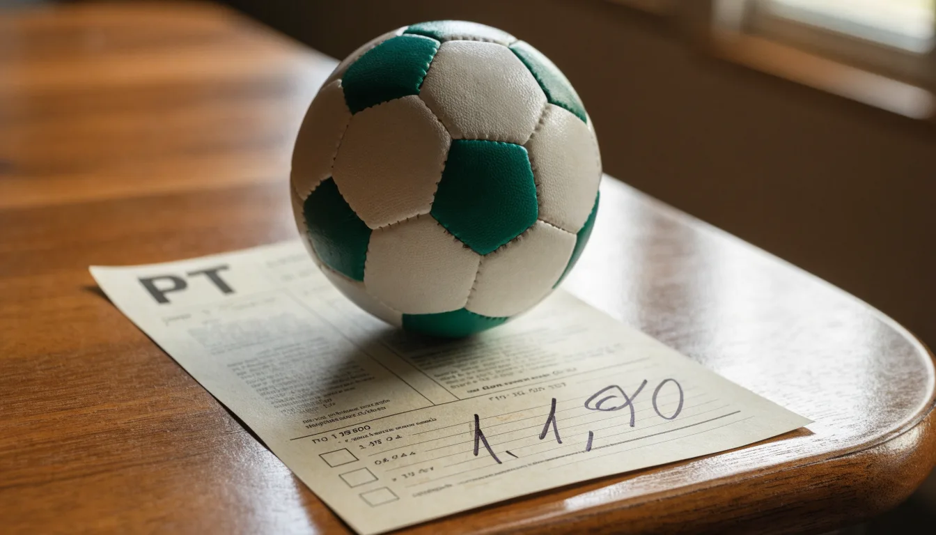 Uma bola de futebol pousada sobre um talão de apostas em branco numa mesa de madeira, à luz do dia
