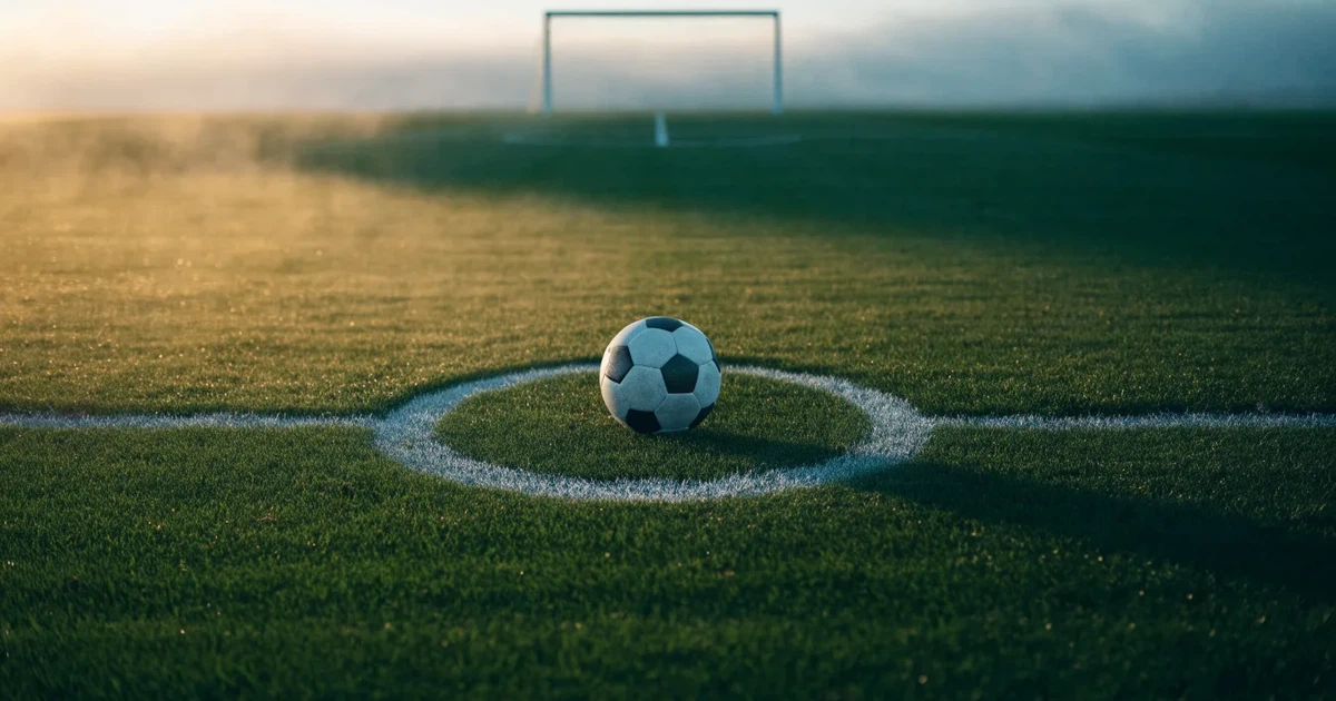 Uma bola de futebol no ponto central de um relvado, à luz da manhã