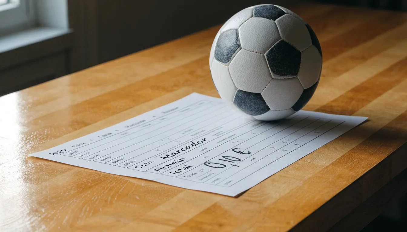 Uma bola de futebol pousada sobre um talão de apostas em branco numa mesa de madeira, à luz do dia