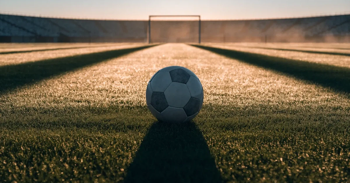 Uma bola de futebol no ponto central de um relvado, à luz da manhã