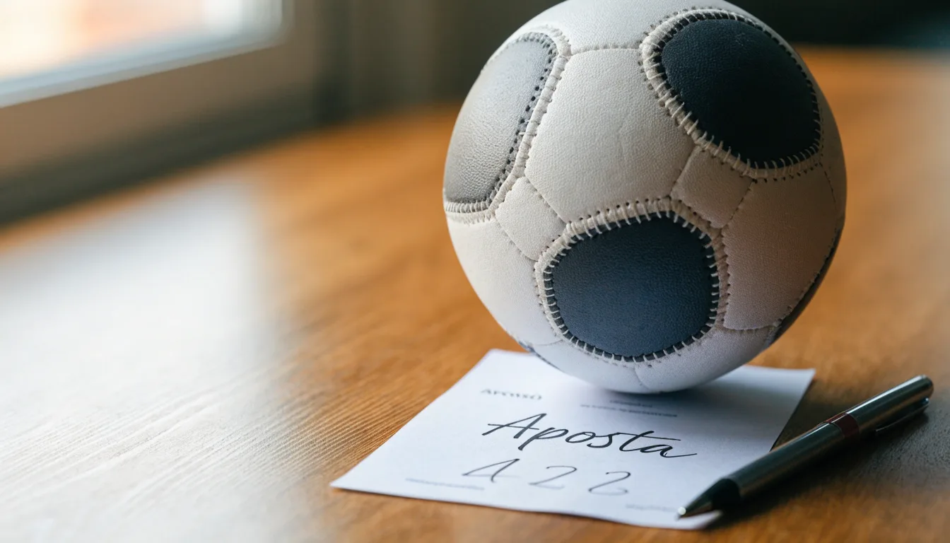 Uma bola de futebol pousada sobre um talão de apostas em branco numa mesa de madeira, à luz do dia