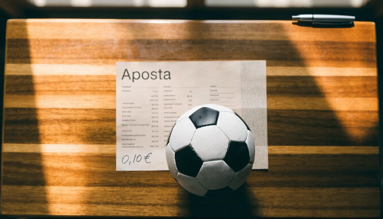 Uma bola de futebol pousada sobre um talão de apostas em branco numa mesa de madeira, à luz do dia