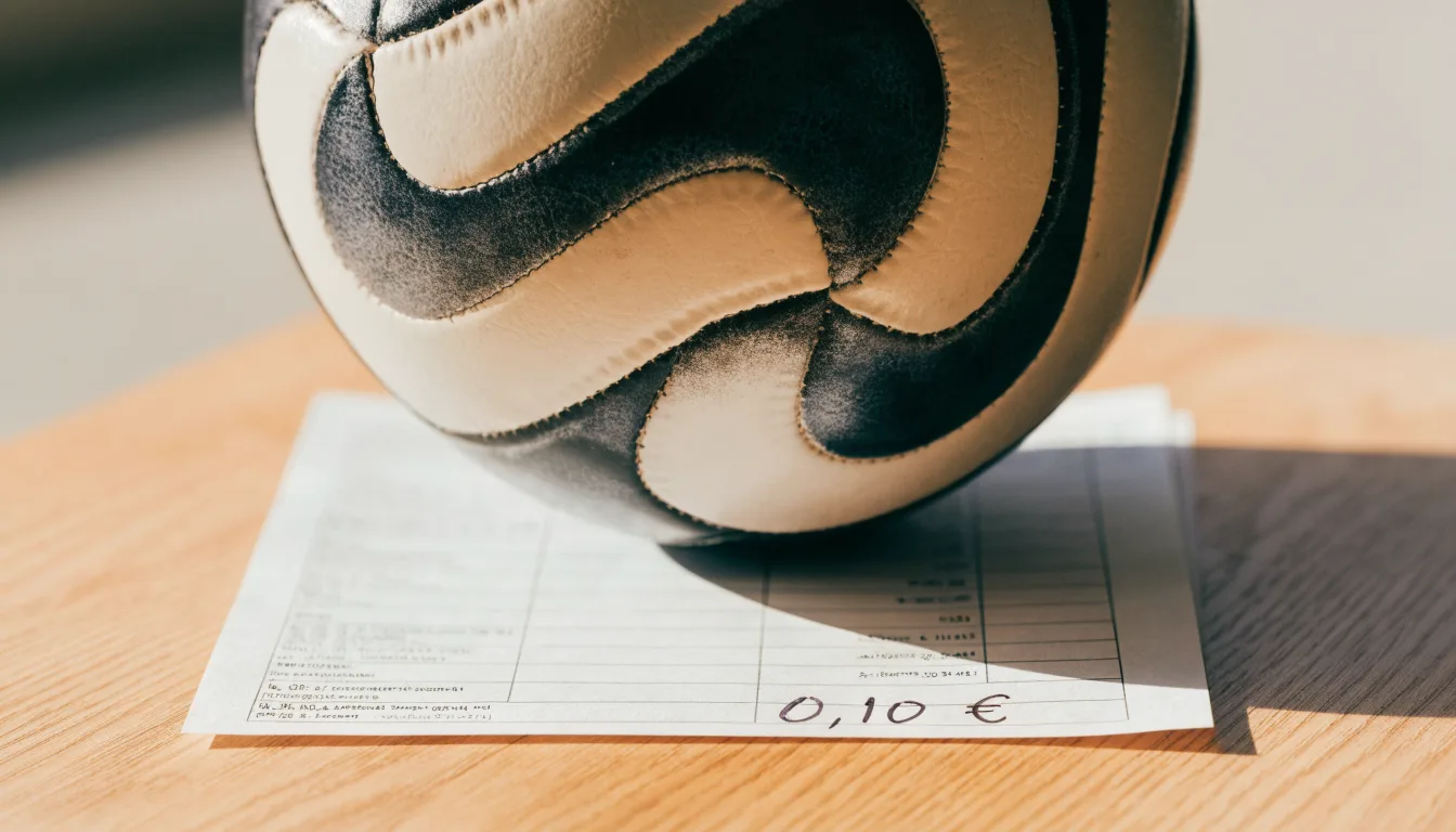 Uma bola de futebol pousada sobre um talão de apostas em branco numa mesa de madeira, à luz do dia