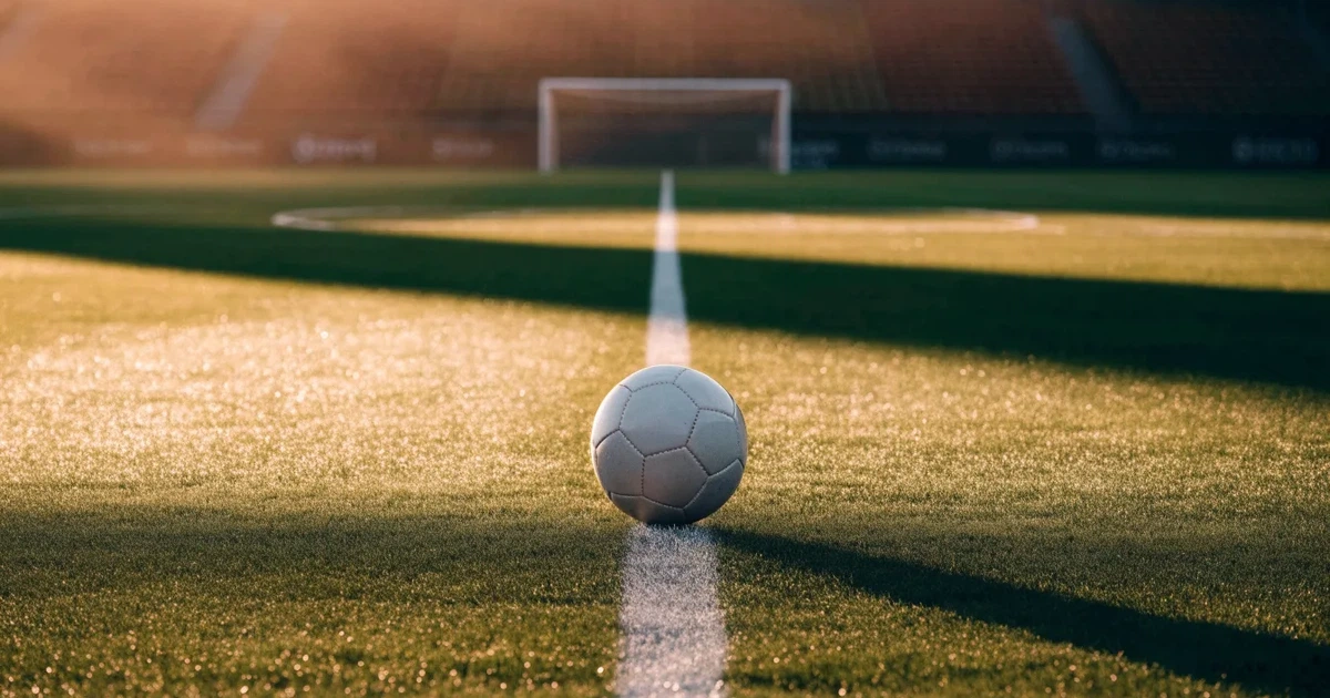Uma bola de futebol no ponto central de um relvado, à luz da manhã