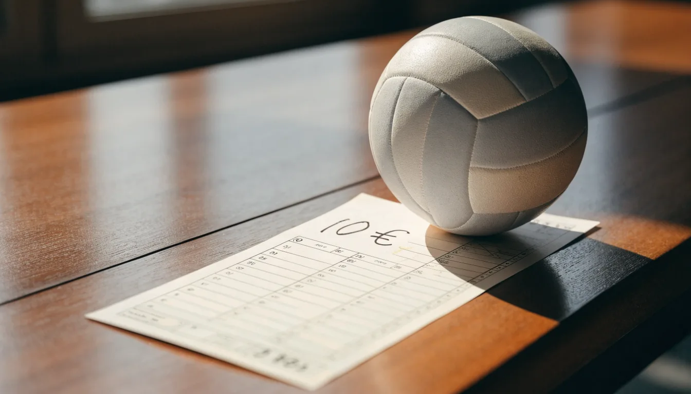 Uma bola de futebol pousada sobre um talão de apostas em branco numa mesa de madeira, à luz do dia