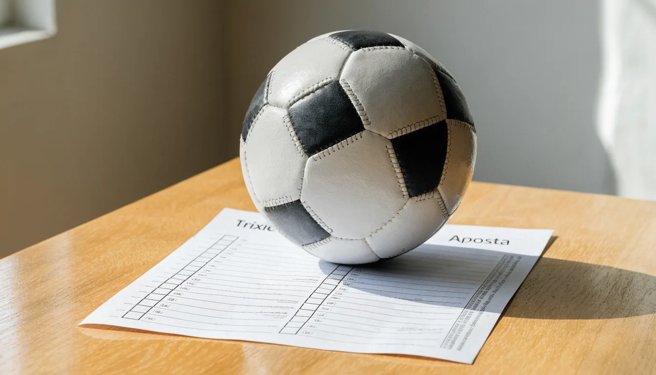 Uma bola de futebol pousada sobre um talão de apostas em branco numa mesa de madeira, à luz do dia