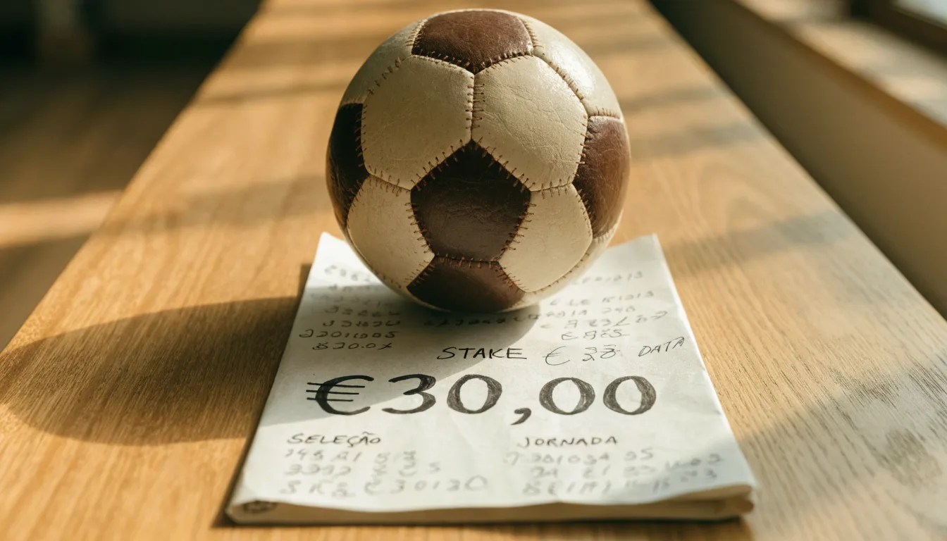 Uma bola de futebol pousada sobre um talão de apostas em branco numa mesa de madeira, à luz do dia