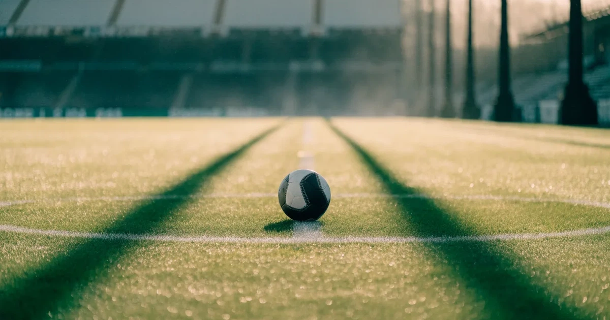 Uma bola de futebol no ponto central de um relvado, à luz da manhã