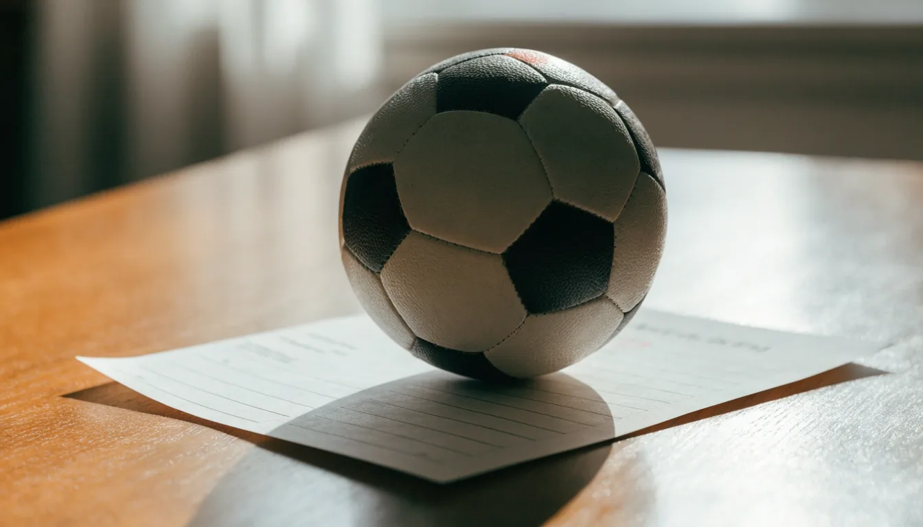 Uma bola de futebol pousada sobre um talão de apostas em branco numa mesa de madeira, à luz do dia