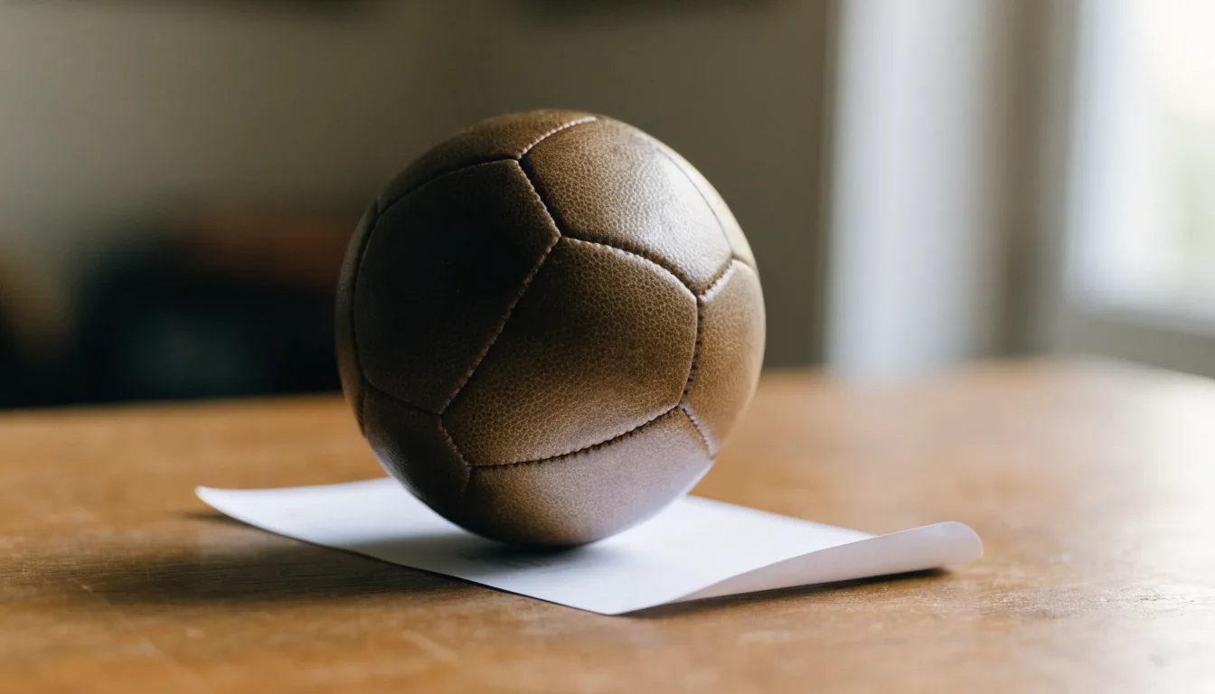 Uma bola de futebol pousada sobre um talão de apostas em branco numa mesa de madeira, à luz do dia