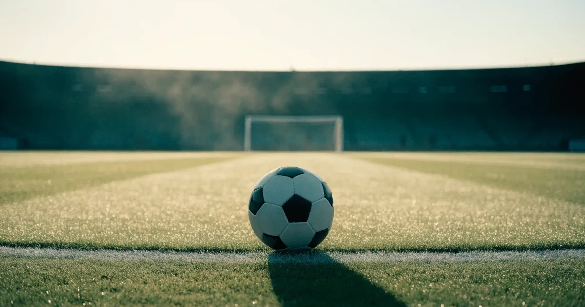 Uma bola de futebol no ponto central de um relvado, à luz da manhã