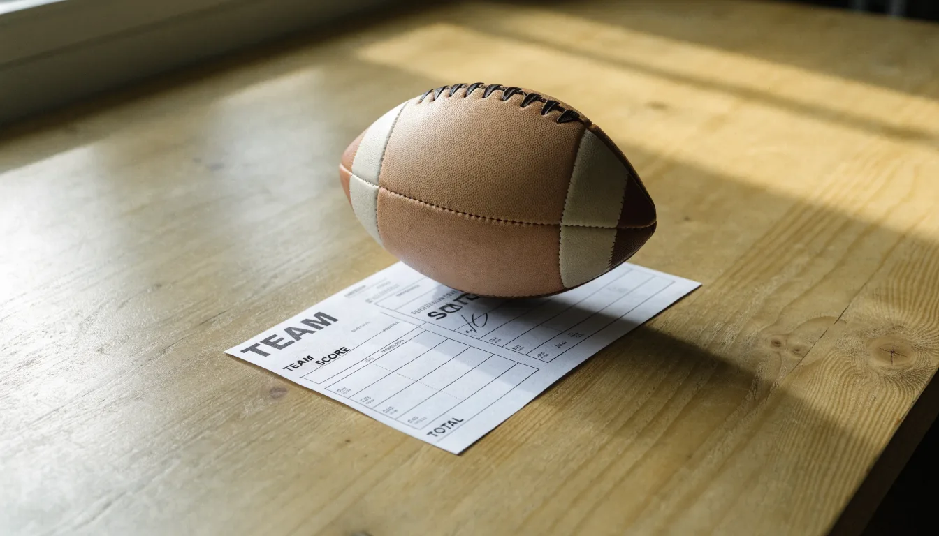 Uma bola de futebol pousada sobre um talão de apostas em branco numa mesa de madeira, à luz do dia