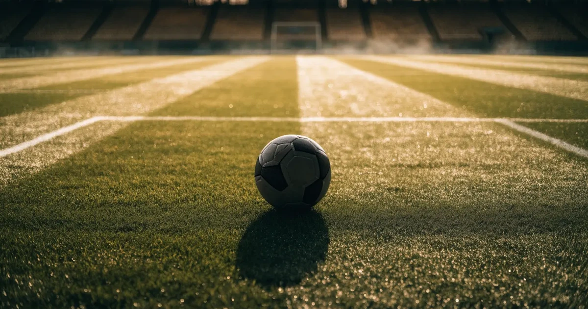Uma bola de futebol no ponto central de um relvado, à luz da manhã