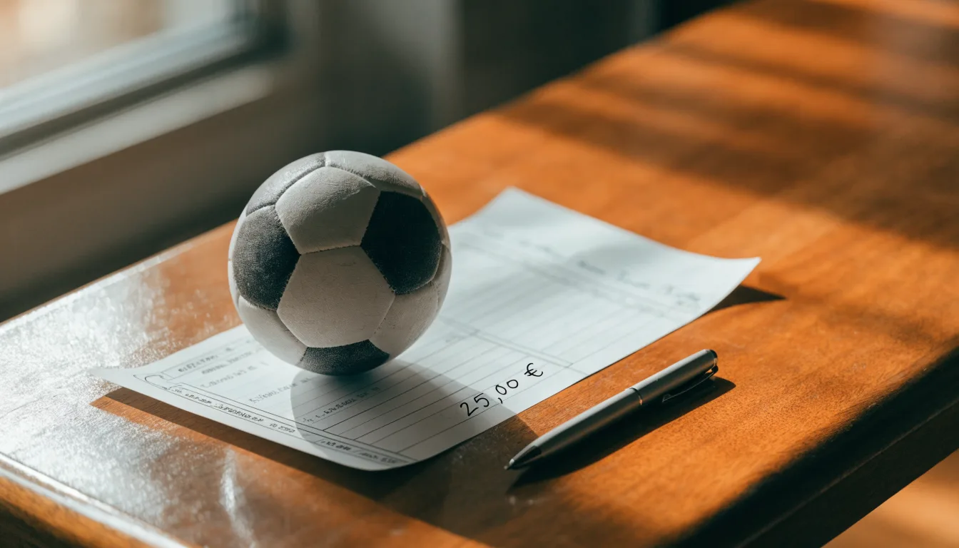 Uma bola de futebol pousada sobre um talão de apostas em branco numa mesa de madeira, à luz do dia