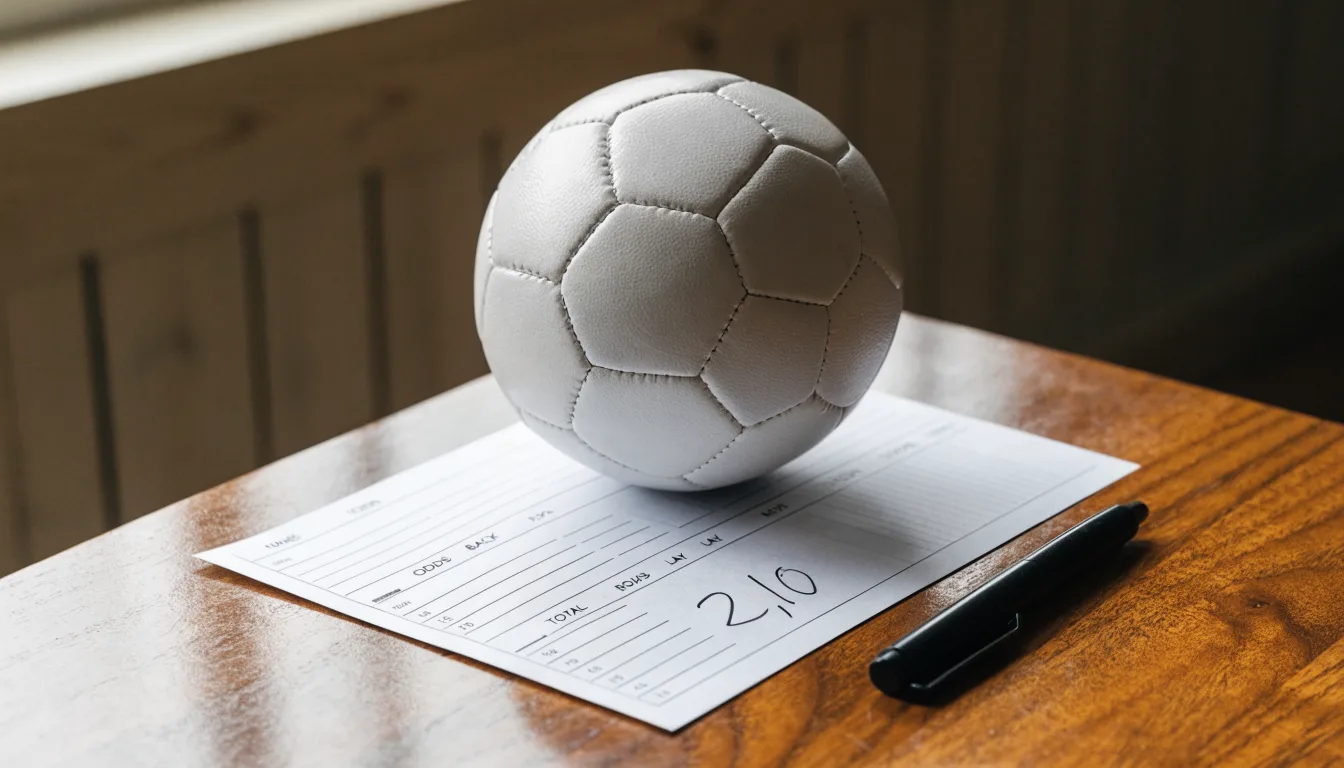 Uma bola de futebol pousada sobre um talão de apostas em branco numa mesa de madeira, à luz do dia