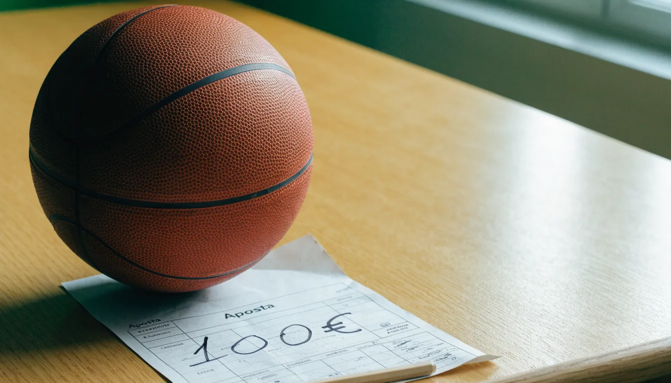 Uma bola de futebol pousada sobre um talão de apostas em branco numa mesa de madeira, à luz do dia