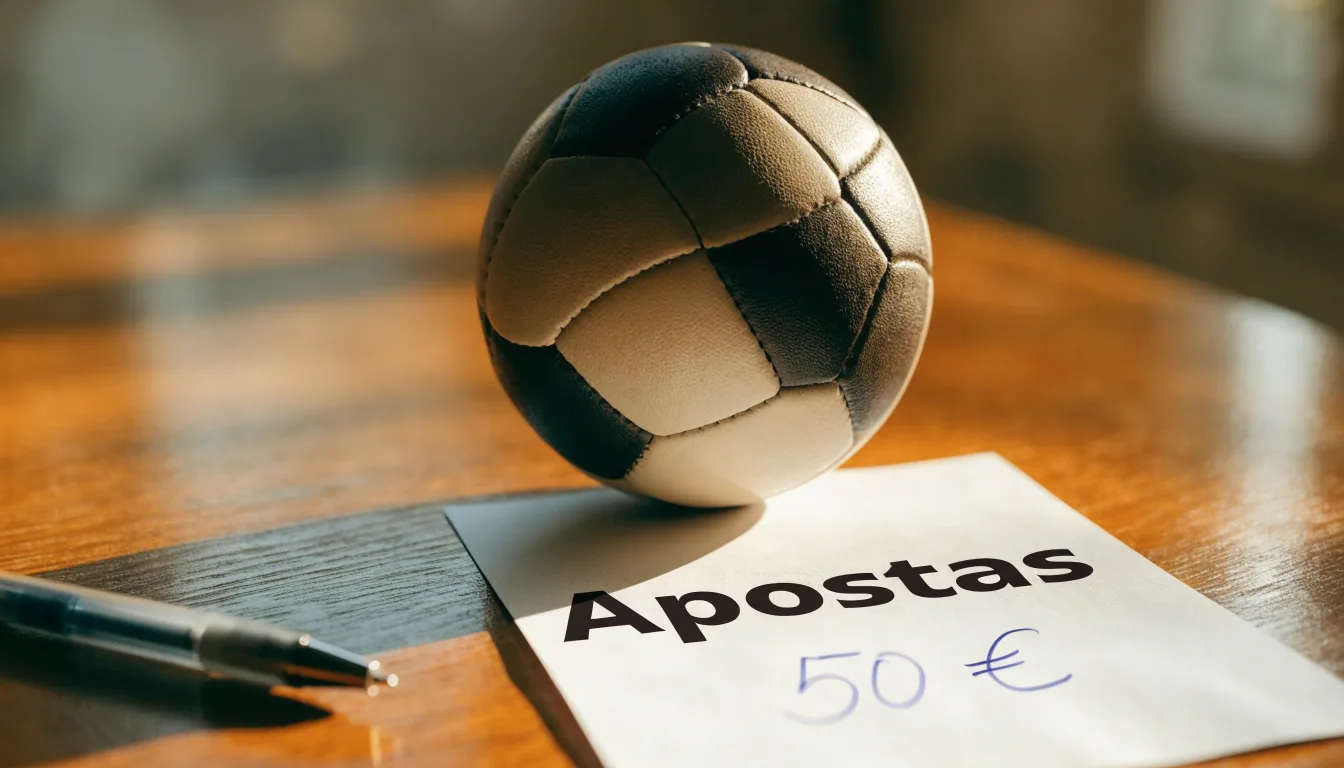 Uma bola de futebol pousada sobre um talão de apostas em branco numa mesa de madeira, à luz do dia