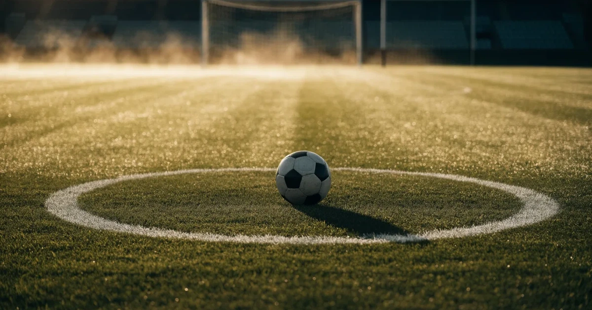 Uma bola de futebol no ponto central de um relvado, à luz da manhã