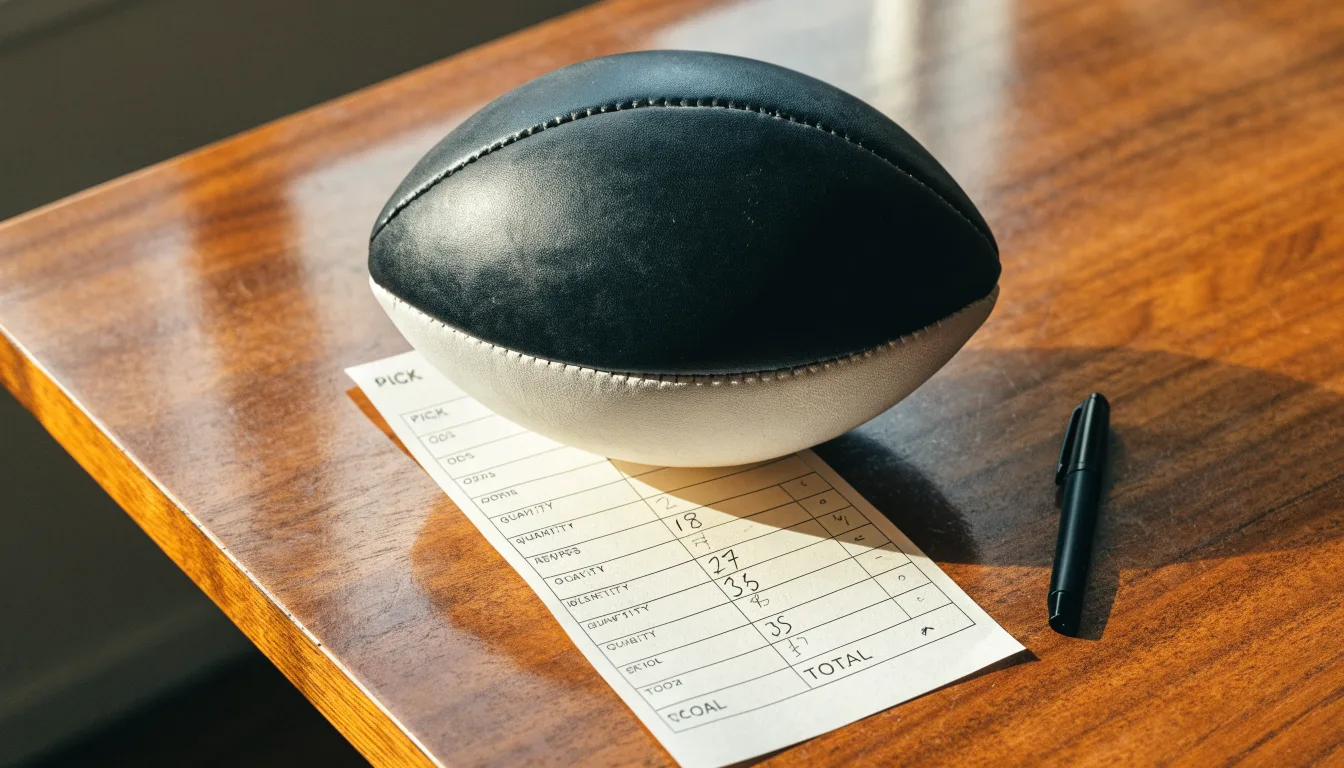 Uma bola de futebol pousada sobre um talão de apostas em branco numa mesa de madeira, à luz do dia