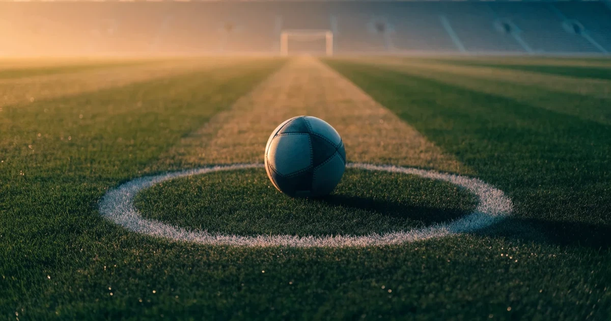 Uma bola de futebol no ponto central de um relvado, à luz da manhã