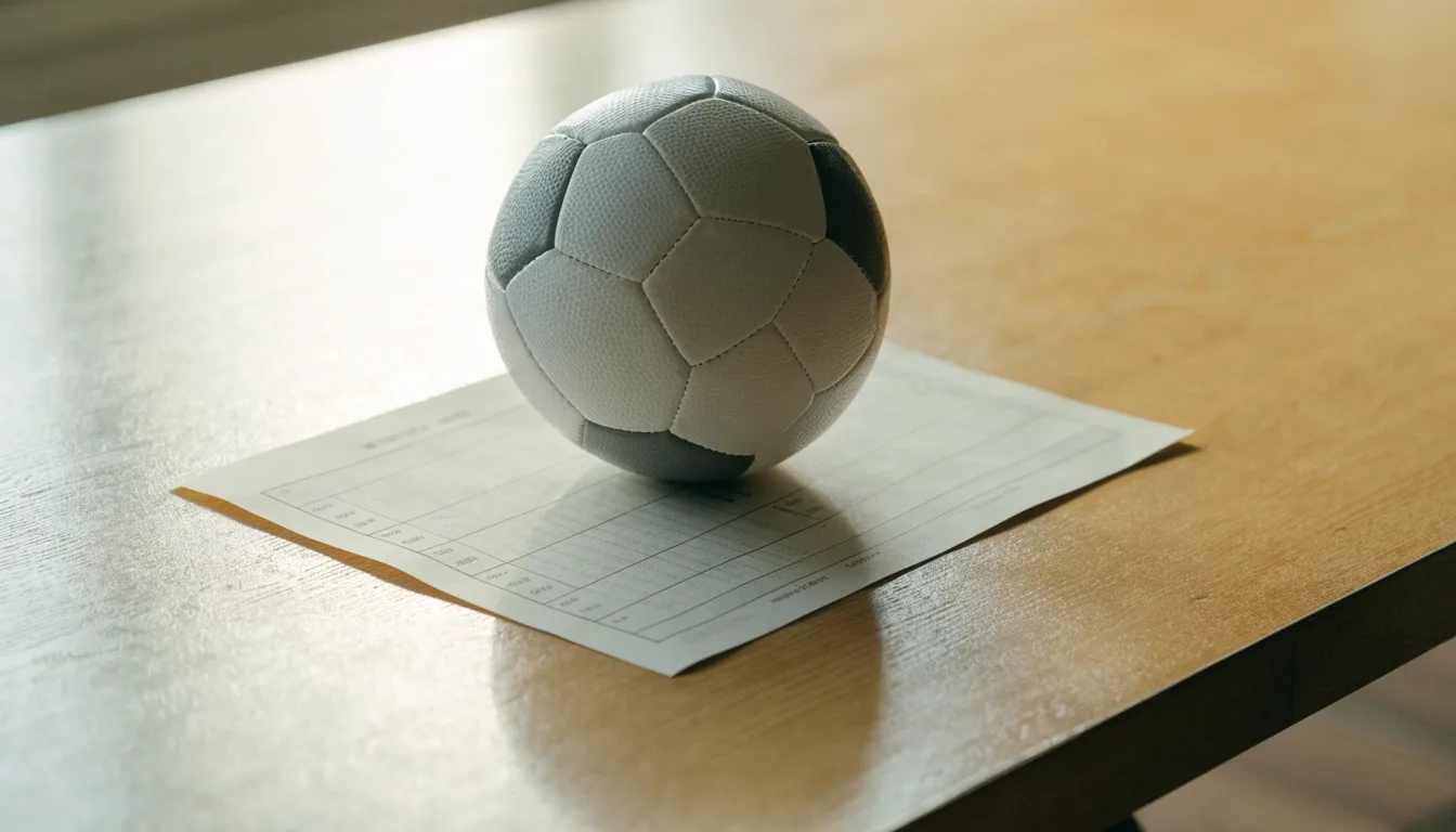 Uma bola de futebol pousada sobre um talão de apostas em branco numa mesa de madeira, à luz do dia