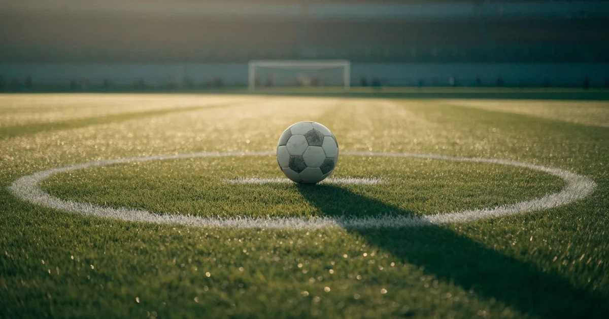 Uma bola de futebol no ponto central de um relvado, à luz da manhã