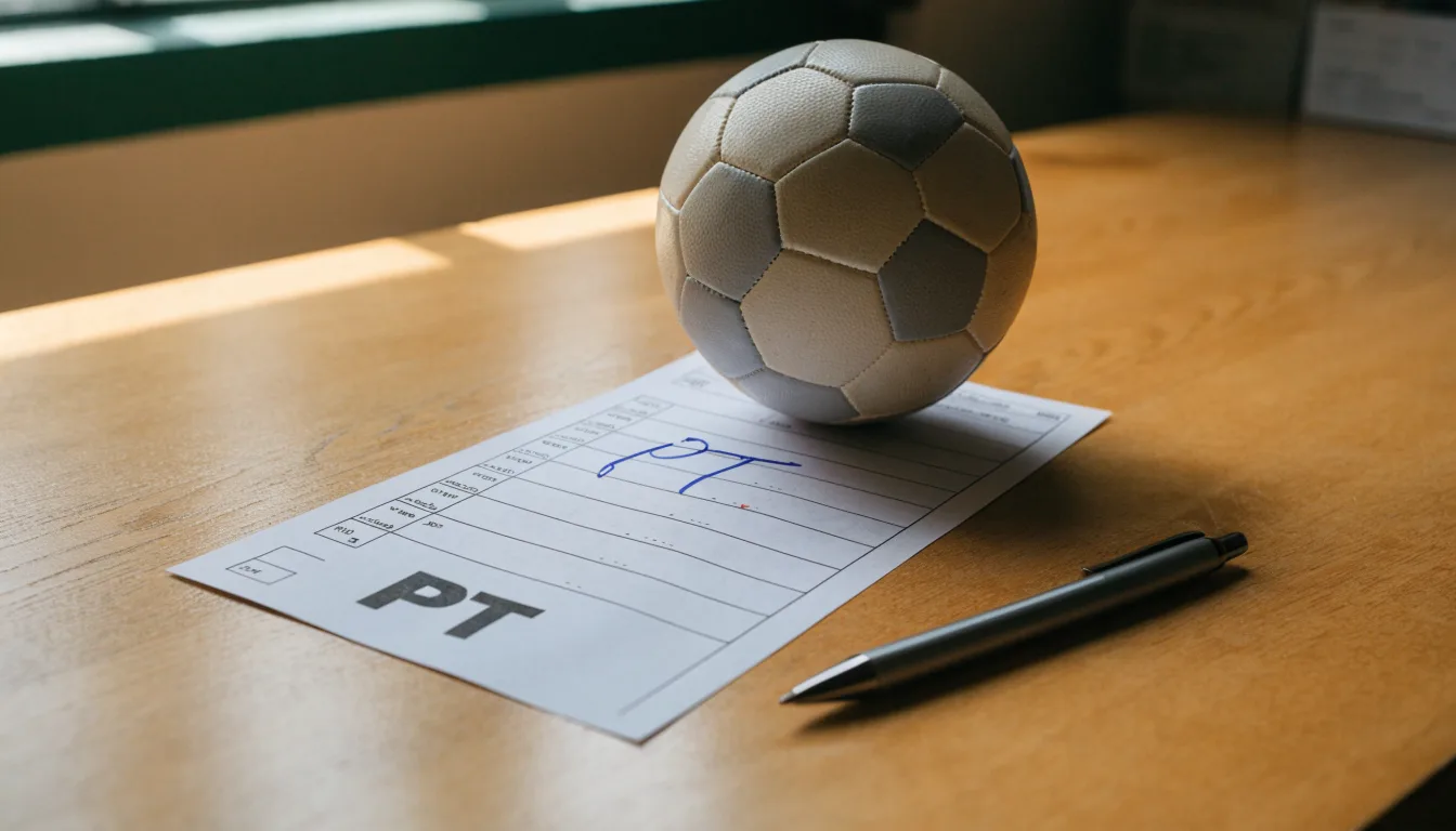Uma bola de futebol pousada sobre um talão de apostas em branco numa mesa de madeira, à luz do dia