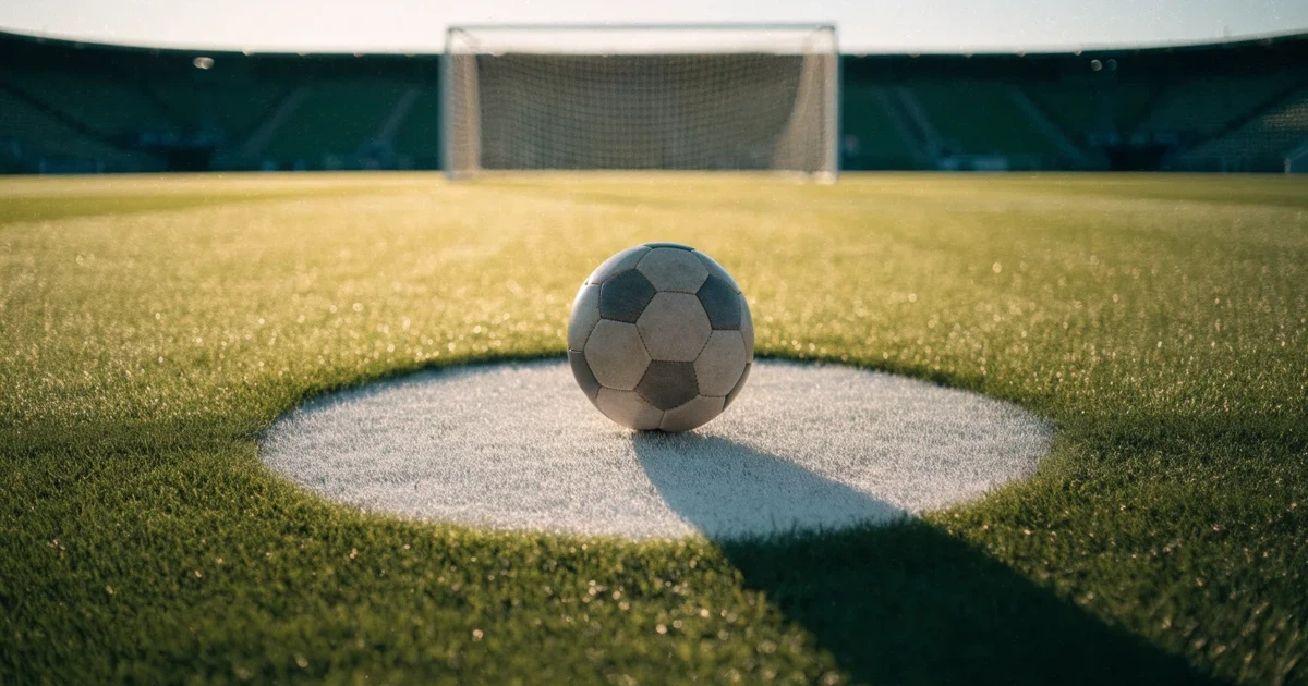 Uma bola de futebol no ponto central de um relvado, à luz da manhã