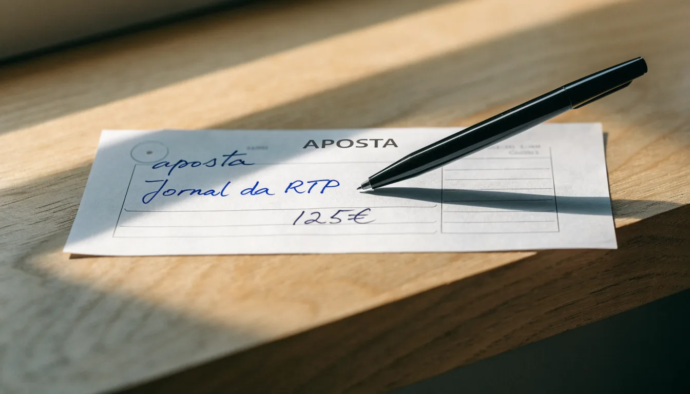 Uma bola de futebol pousada sobre um talão de apostas em branco numa mesa de madeira, à luz do dia