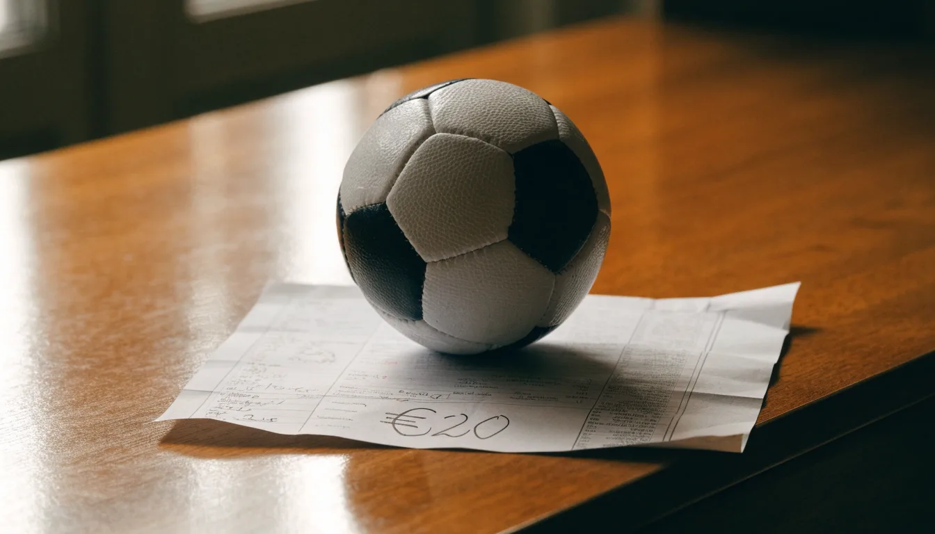 Uma bola de futebol pousada sobre um talão de apostas em branco numa mesa de madeira, à luz do dia