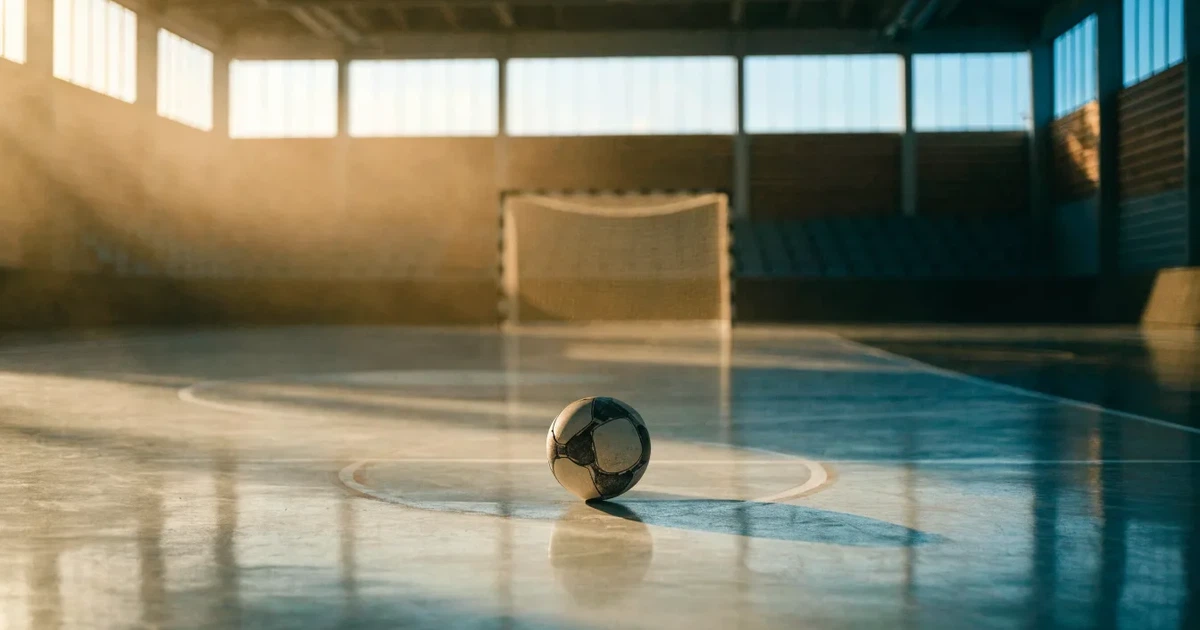 Uma bola de futebol no ponto central de um relvado, à luz da manhã