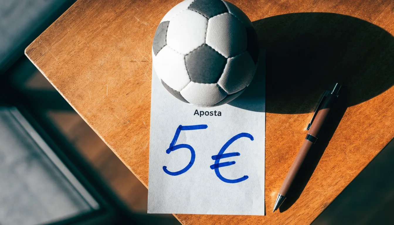 Uma bola de futebol pousada sobre um talão de apostas em branco numa mesa de madeira, à luz do dia