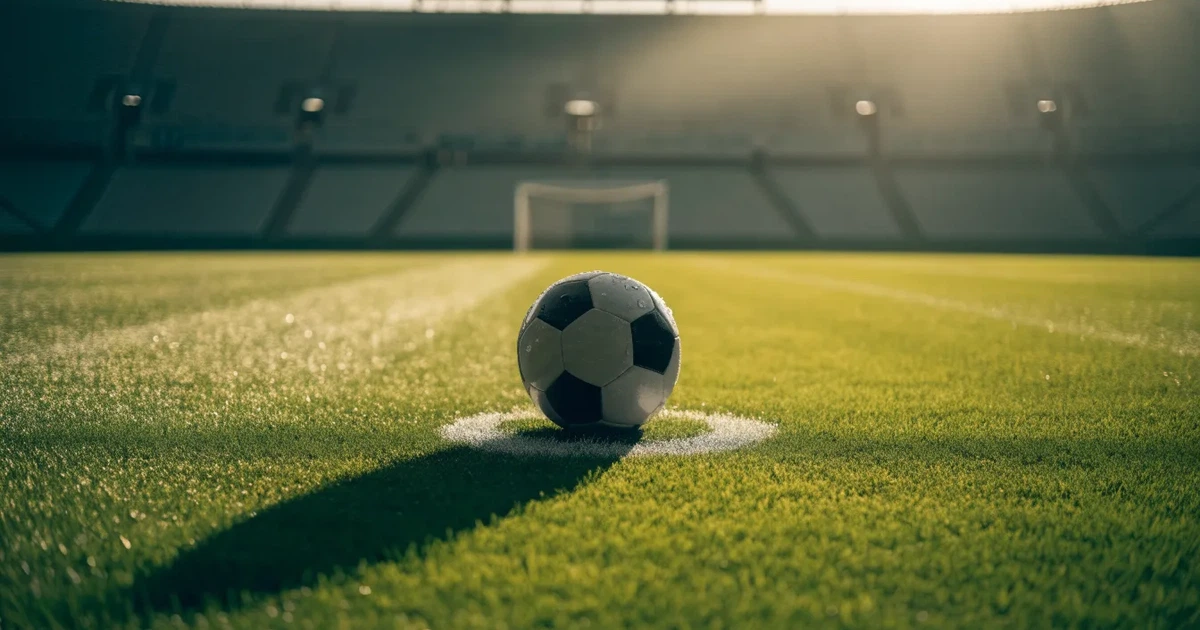 Uma bola de futebol no ponto central de um relvado, à luz da manhã