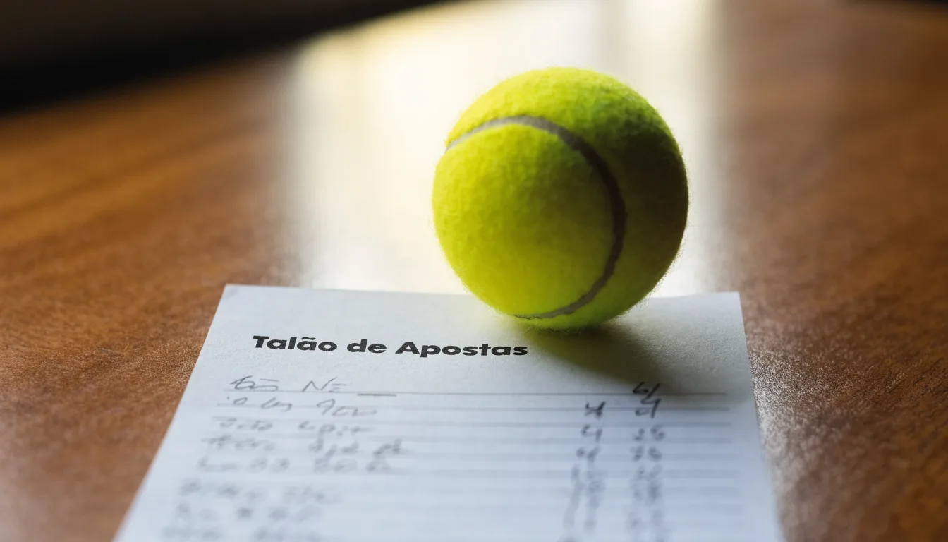 Uma bola de futebol pousada sobre um talão de apostas em branco numa mesa de madeira, à luz do dia