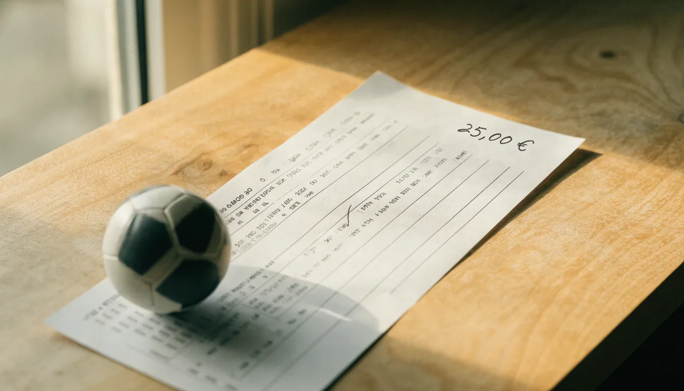 Uma bola de futebol pousada sobre um talão de apostas em branco numa mesa de madeira, à luz do dia