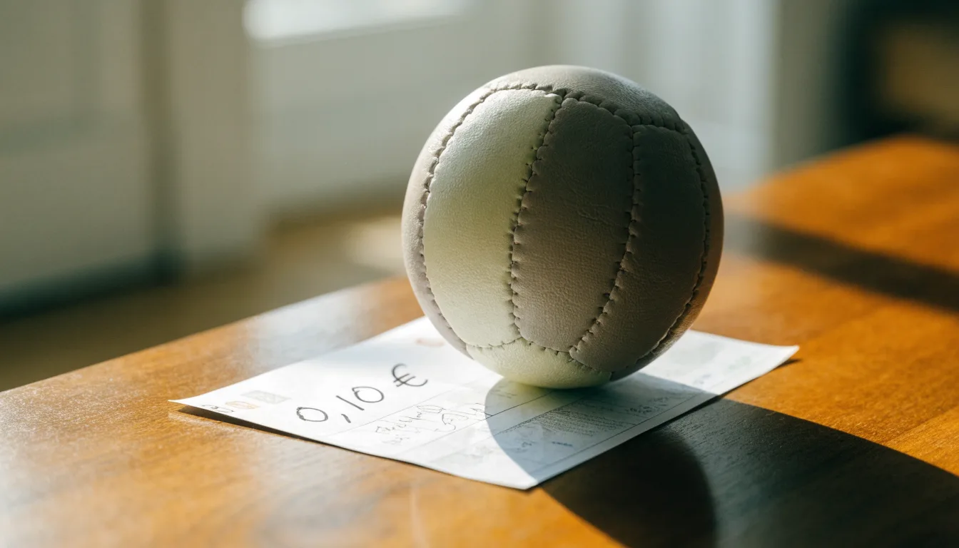 Uma bola de futebol pousada sobre um talão de apostas em branco numa mesa de madeira, à luz do dia