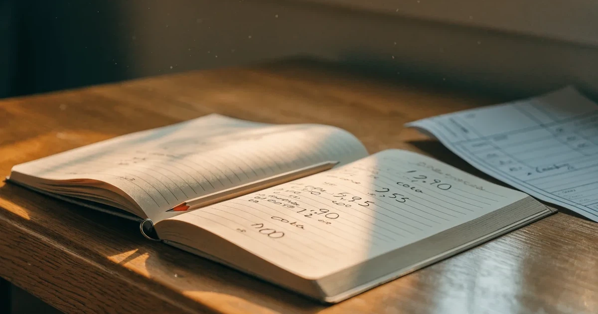 Um caderno aberto com cotas escritas à mão, uma calculadora e um lápis sobre uma mesa de madeira