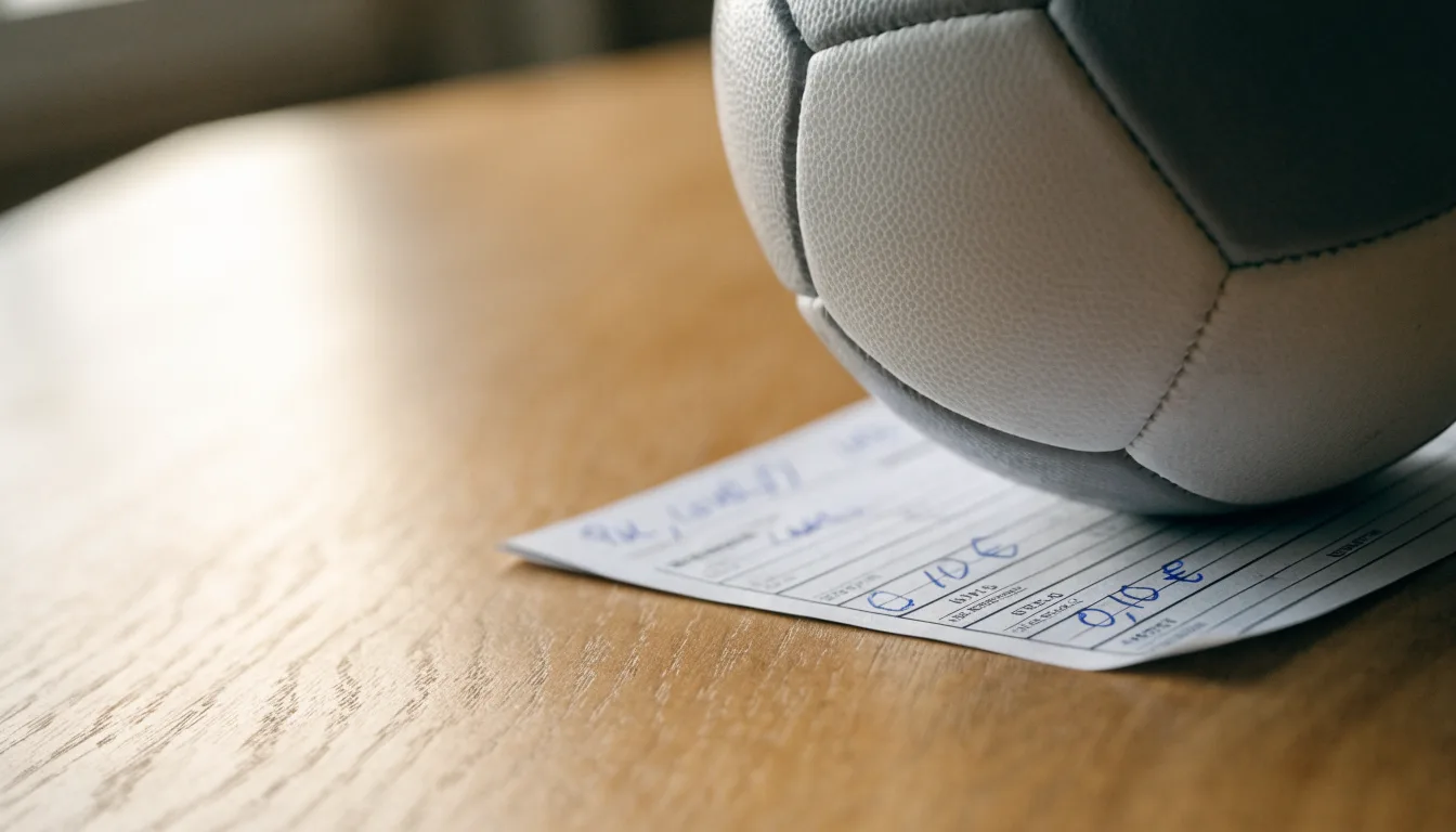 Uma bola de futebol pousada sobre um talão de apostas em branco numa mesa de madeira, à luz do dia
