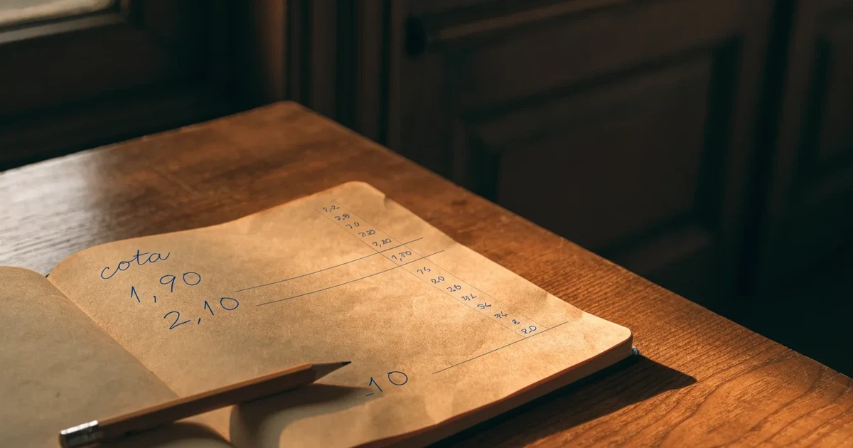 Um caderno aberto com cotas escritas à mão, uma calculadora e um lápis sobre uma mesa de madeira