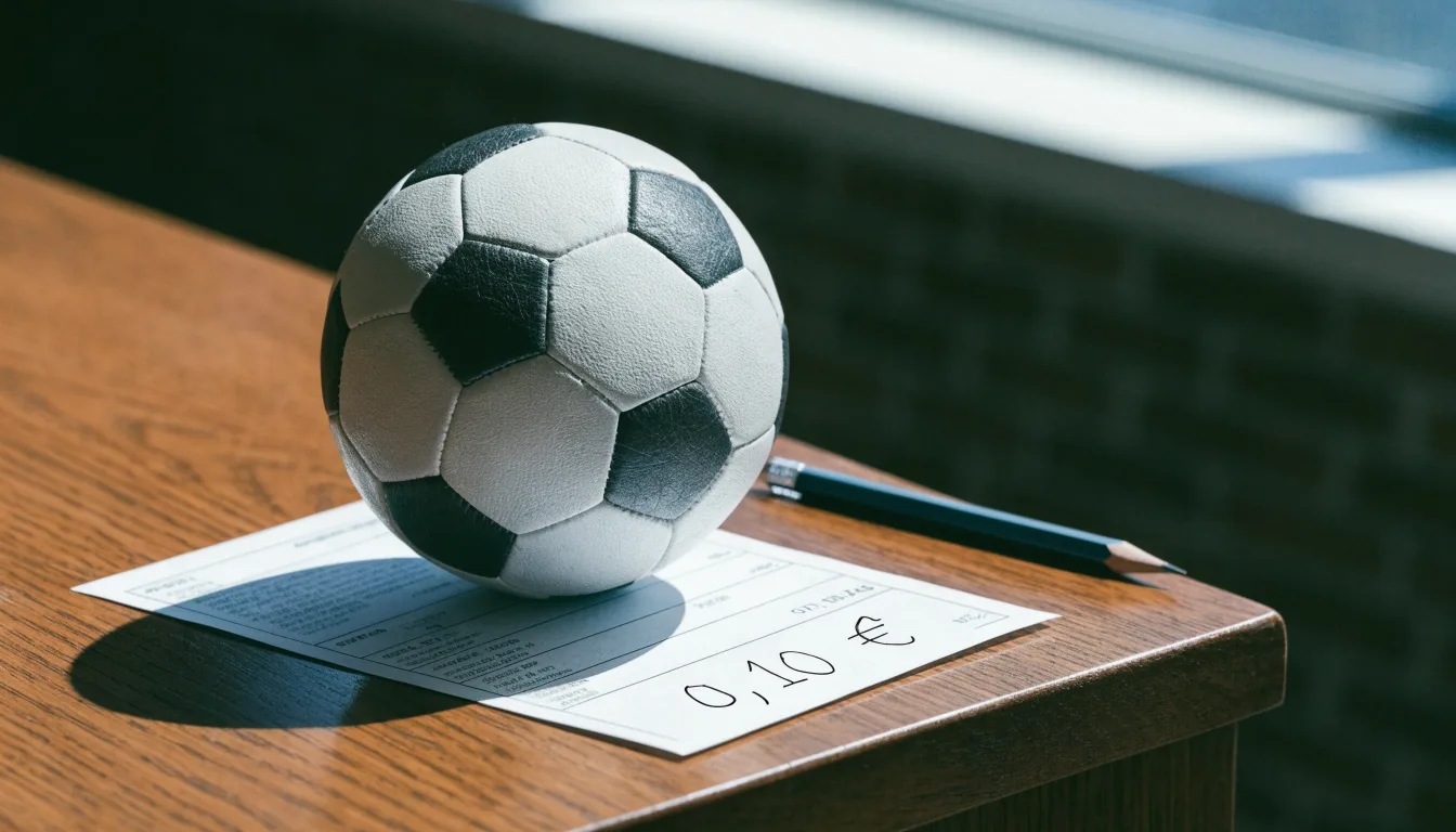 Uma bola de futebol pousada sobre um talão de apostas em branco numa mesa de madeira, à luz do dia