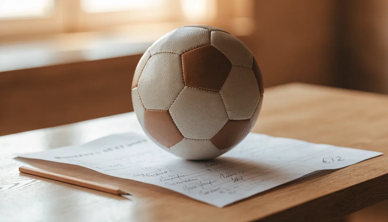 Uma bola de futebol pousada sobre um talão de apostas em branco numa mesa de madeira, à luz do dia