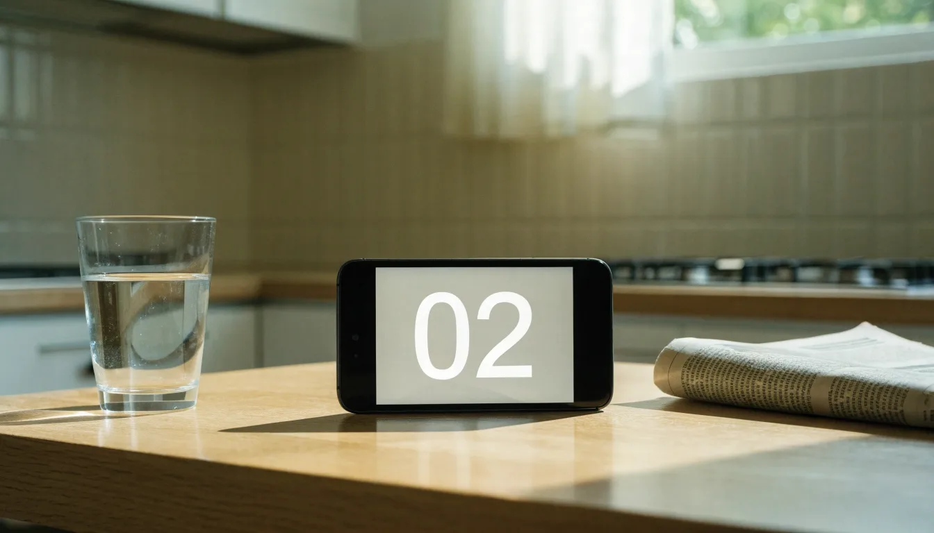 Um cartão de cidadão pousado ao lado de um telemóvel com um temporizador no ecrã, numa mesa de cozinha